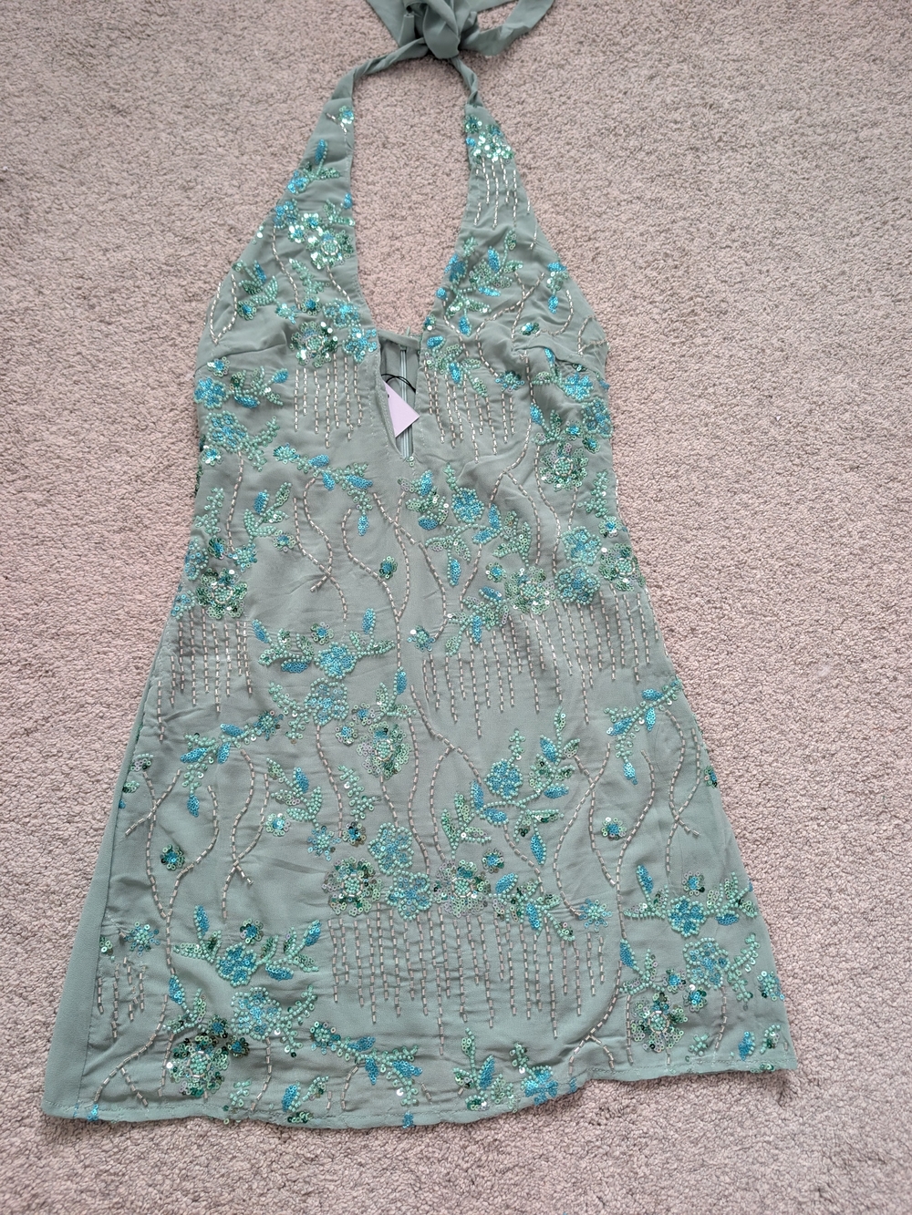 Princess Polly Sage Green Halter Mini Dress with Turquoise Sequin Embroidery